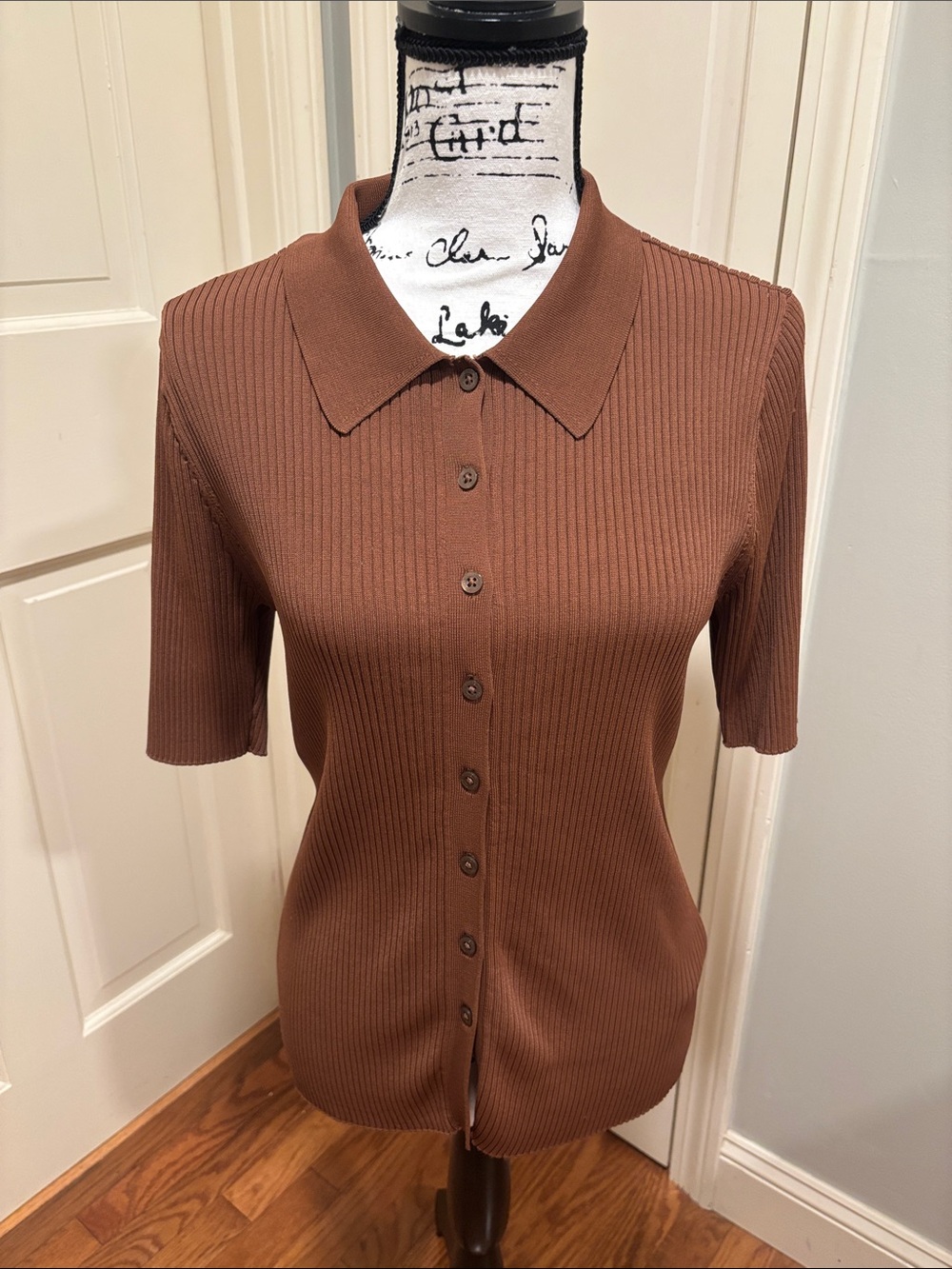 Lauren Ralph Lauren Brown Ribbed Button-Front Polo Top